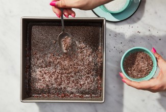 Chocolate olive oil cake in a square cake pan