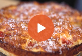 Play Button for Crispy Cheesy Pan Pizza YouTube Video - select to zoom