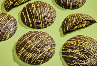 Gluten-Free Chocolate Pistachio Cookies on a green background