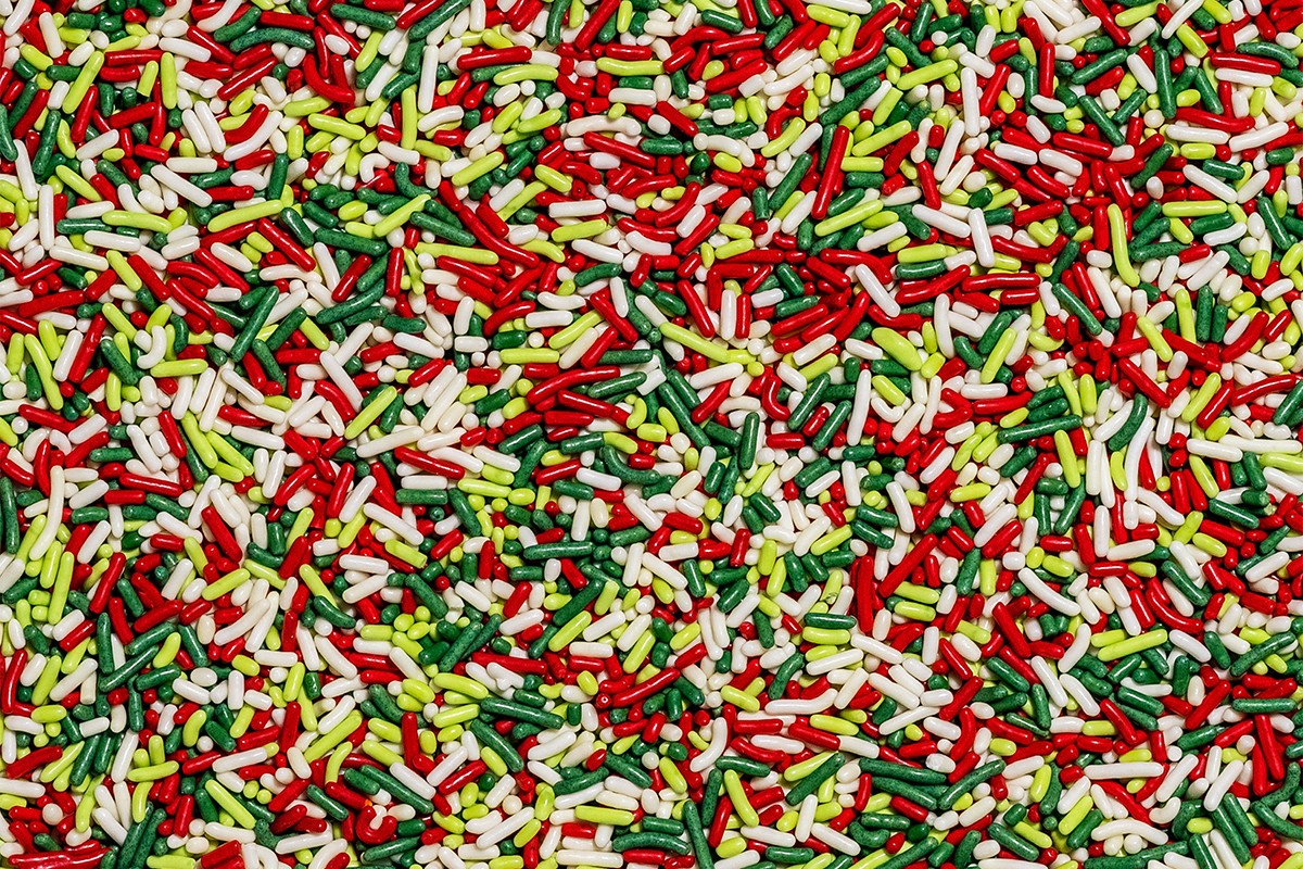 Closeup of green, red, and white sprinkles