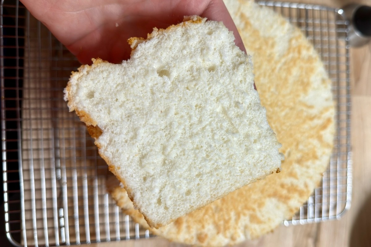 Slice of angel food cake, after being cooled upside down