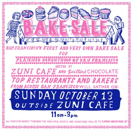 Pink and blue illustrated graphic advertising fundraising bake sale at Zuni Cafe