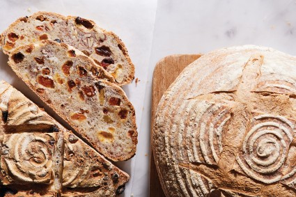 Baked bread loaf with design from banneton