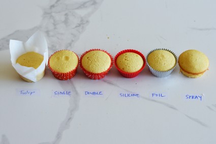 Six cupcakes, all in a different liner, lined up next to each other