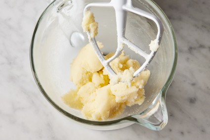 Under-creamed butter and sugar in stand mixer with paddle attachment