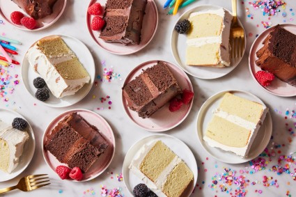 Plated slices of birthday cake