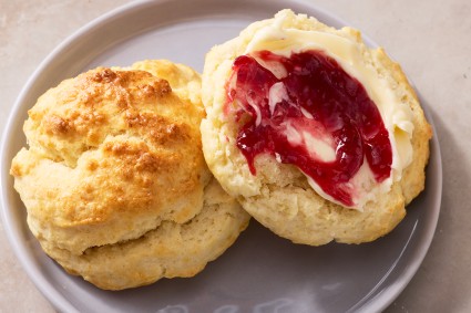 Easy Drop Biscuits with Buttermilk Biscuit Flour on a plate with jam and butter