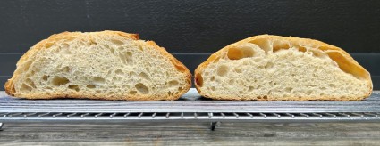 Two loaves of bread baked in Dutch ovens, each cut crosswise to show its holey interior.