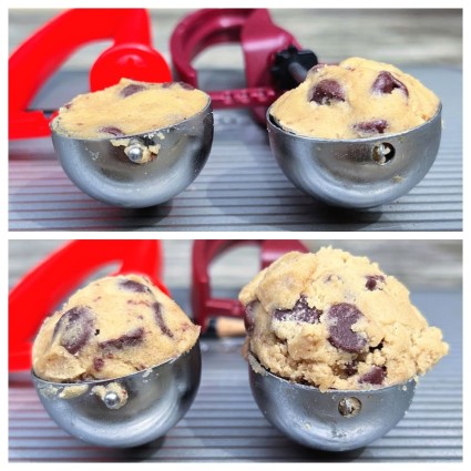 Tablespoon cookie scoops showing four different amounts of dough, from level to generous.