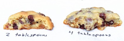 Cross sections of two cookies, one perfectly baked, one with a gooey, underdone center.