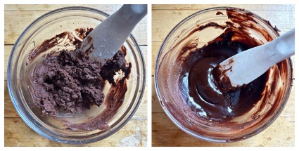 A bowl of seized chocolate at left, and that same bowl of chocolate made into a smooth water ganache.