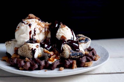 Fudge Waffles with Ice Cream and Chocolate Sauce