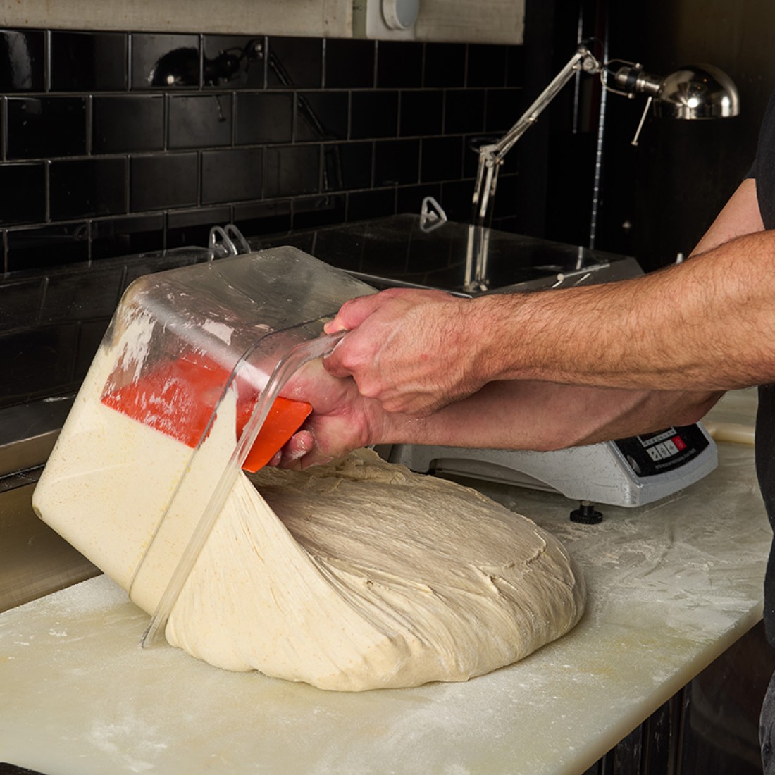 Photograph of a person removing raw pizza dough from a storage container in a kitchen. - select to zoom