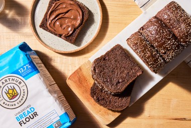 Chocolate Milk Bread sliced, some with Chocolate-Hazelnut spread