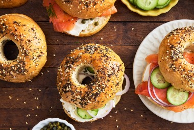 Chewy Everything Bagels made into sandwiches
