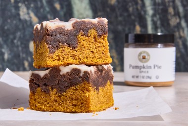 Two slices of Chocolate-Pumpkin Crumb Cake stacked up