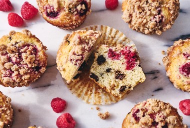 A cut-in-half Raspberry-Chocolate Chip Muffin