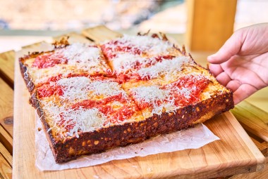 Pizza Oven Detroit Pizza on a cutting board
