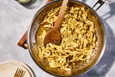 Homemade Pasta with Sage Butter being cooked in a pan