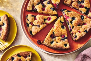 A full sliced-up Late Summer Berry Torte