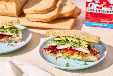 A sandwich made with Golden Grains Bread