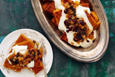 Pumpkin-Ginger Polenta with Stewed Fruit and Mascarpone Cream